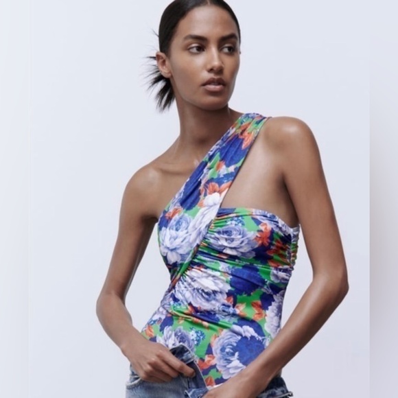 Zara Asymmetric Neckline Ruched Floral Bodysuit Blogger Fave Bold Vibrant Small - Picture 4 of 16